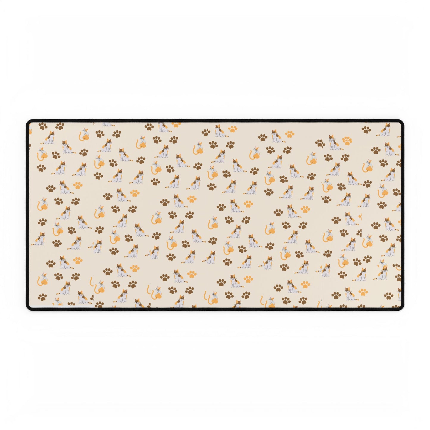 Floral Paws Desk Mat — Beige Cat & Paw Print Gaming/Office Mouse Pad