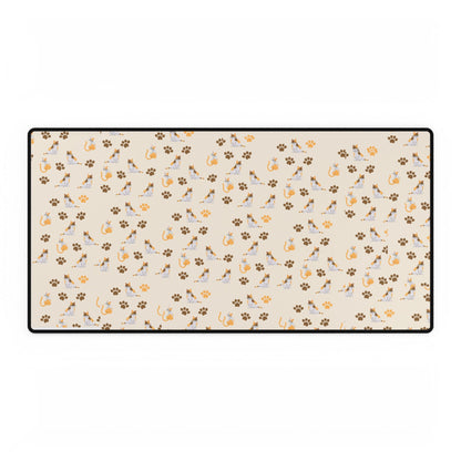 Floral Paws Desk Mat — Beige Cat & Paw Print Gaming/Office Mouse Pad