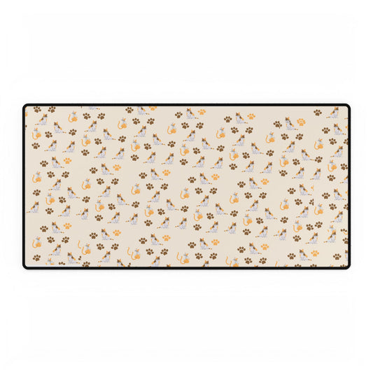 Floral Paws Desk Mat — Beige Cat & Paw Print Gaming/Office Mouse Pad