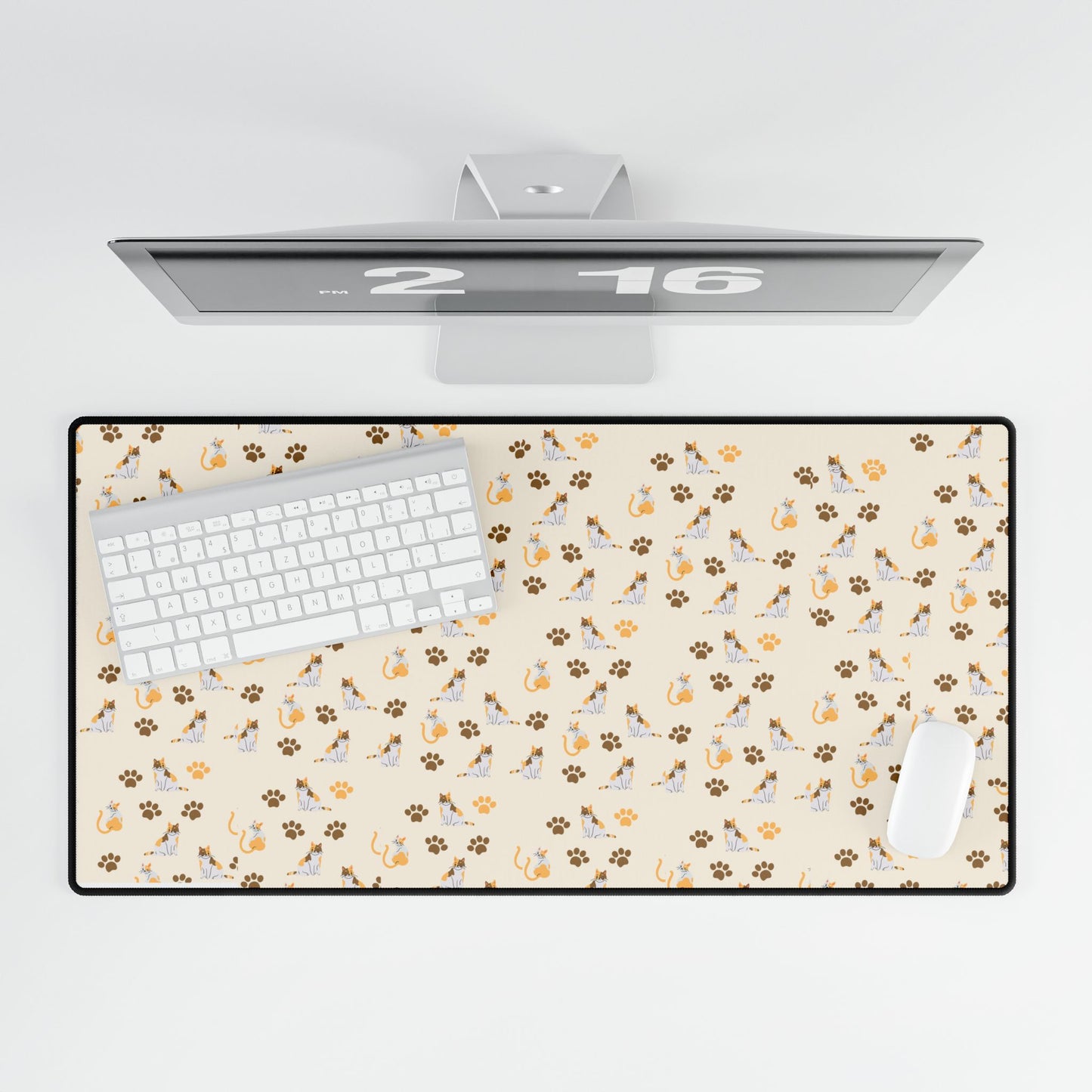 Floral Paws Desk Mat — Beige Cat & Paw Print Gaming/Office Mouse Pad