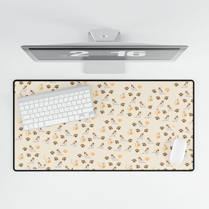 Floral Paws Desk Mat — Beige Cat & Paw Print Gaming/Office Mouse Pad