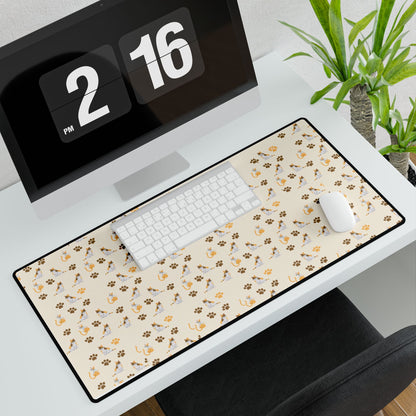 Floral Paws Desk Mat — Beige Cat & Paw Print Gaming/Office Mouse Pad