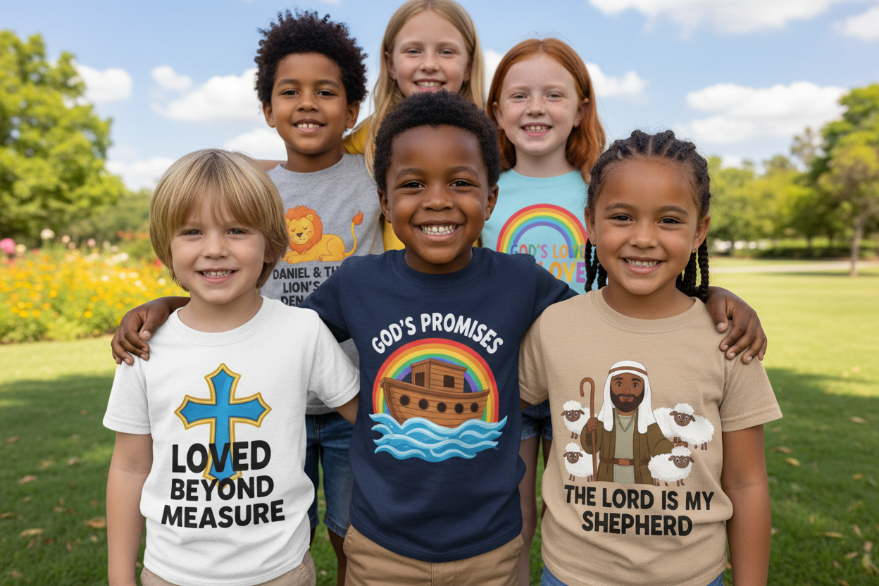 Group of happy kids with dark brown skinned shepherd on shirt